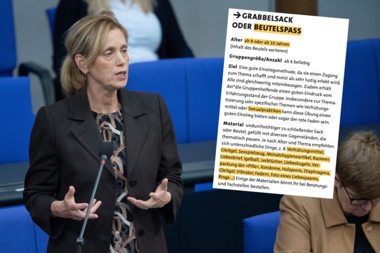 Bundesfamilienministerin Karin Prien neben einem Ausschnitt aus der Sex-Boschüre der „Falken“