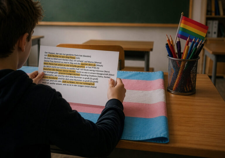 Das KI-generierte Bild zeigt einen Jungen, der im Klassenzimmer sitzt mit einem Rap-Text, den er laut einem Lehrer analysieren soll.