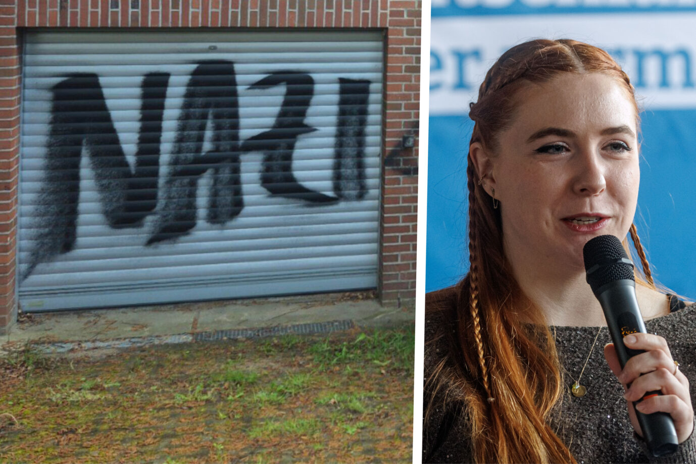 „Nazi“-Aufschrift auf der Garagentür des Wohnhauses von Julia Gehrckens (r.): Die AfD spricht vom „Straßenterror“. Fotos: AfD Kreis Harburg /// picture alliance/dpa | Markus Scholz