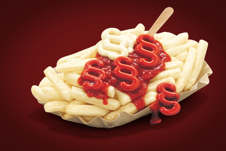 Eine Pommesschale, darauf triefen Ketchup und Mayo in der Form von Paragraphen – es ist eine Glosse über die moralische Fritteuse