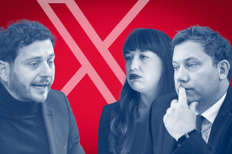 Das Bild zeigt Felix Banaszak von den Grünen, Heidi Reichinek von der Linkspartei und Lars Klingbeil von der SPD. Ihre Parteien verlassen die Plattform X.