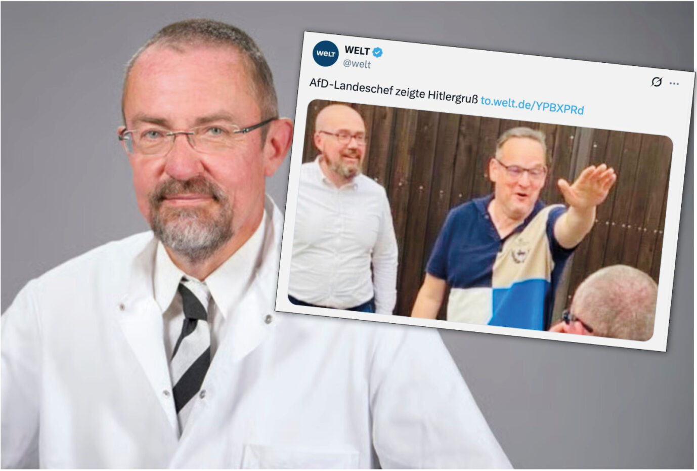 Hitlergruß? Der damalige Chefarzt der Haldenslebener Augenklinik, Markus Motschmann, und die umstrittene Geste von AfD-Chef Martin Reichardt.