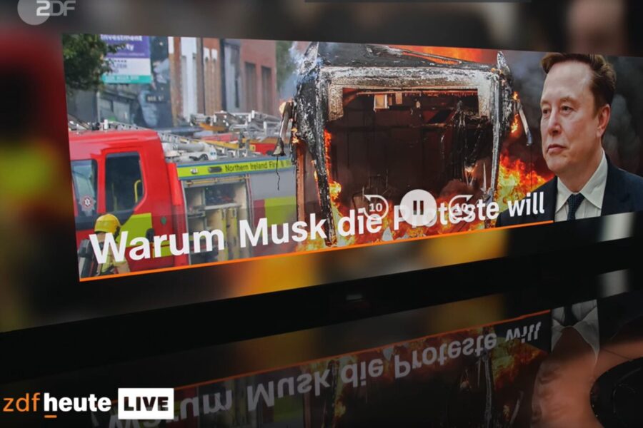 Das Bild zeigt einen Screenshot der ZDF-Sendung „heute live“. Dort wurde behauptet, Tommy Robinson und Elon Musk hätten zu Gewalt aufgerufen.