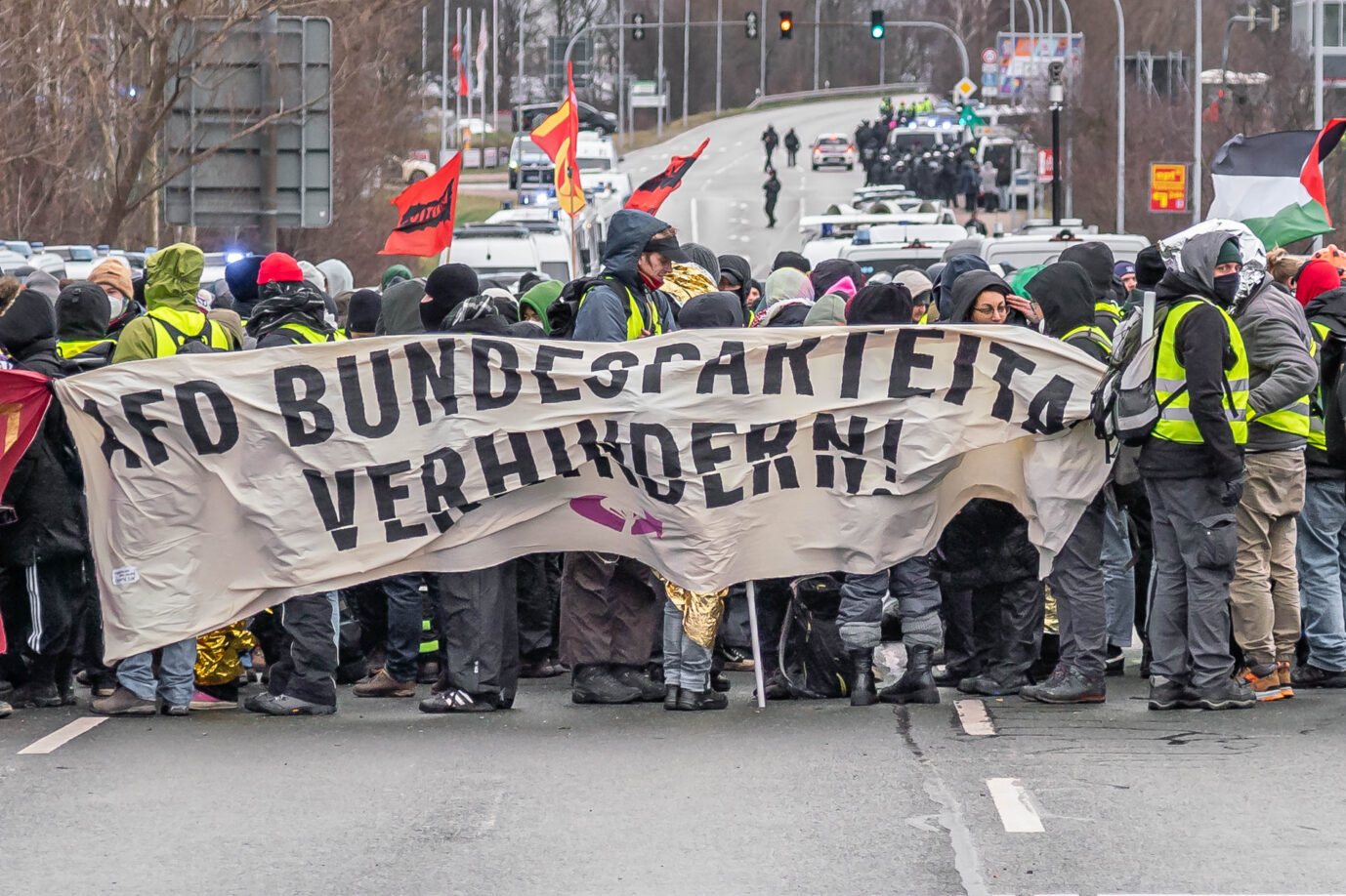 Diesmal zahlt Verdi: Blockade beim AfD-Parteitag im Januar 2025 in Riesa.