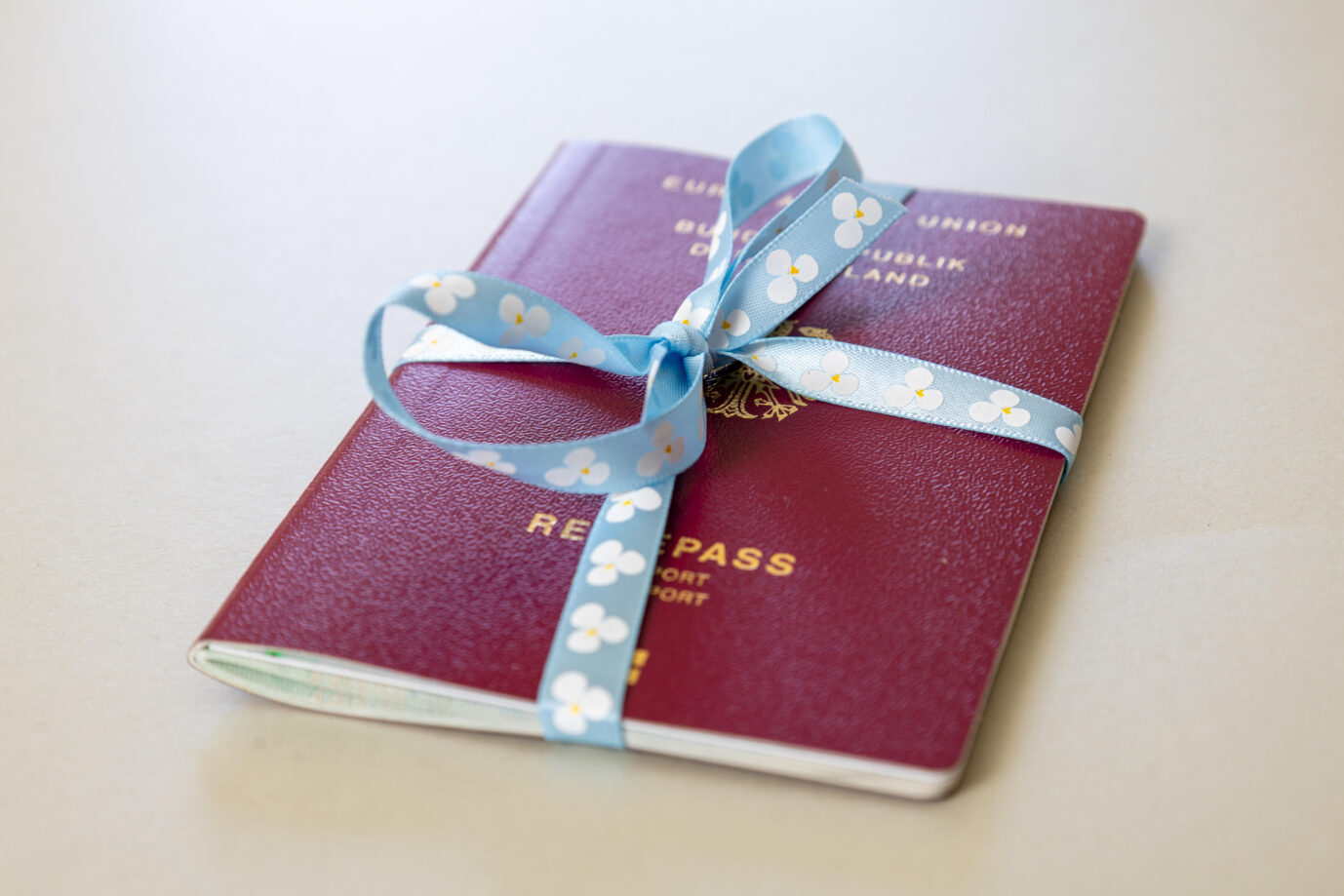 Nahaufnahme von deutschen Reisepass mit Geschenkschleife (Symbolbild). Fast alle neuen Staatsbürger behalten ihren alten Pass.