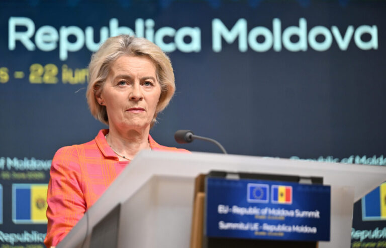BRUSSELS, BELGIUM - JUNE 22: European Commission President Ursula von der Leyen attends a joint press conference following the '2nd EU-Moldova Summit' alongside EU Council President Antonio Costa and Moldovan President Maia Sandu in Brussels, Belgium on June 22, 2026. Dursun Aydemir / Anadolu
