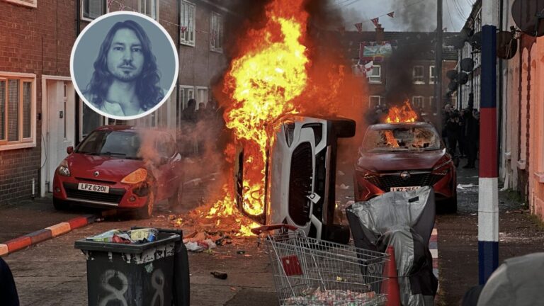 North Belfast stabbing. Vehicles set on fire by protesters on Lendrick Street in Belfast, as disorder flared in response to Monday night's stabbing attack in the city. A 30 year-old man arrested in connection with the Belfast stabbing attack has been charged with attempted murder and will appear in court in the city on Wednesday, the Police Service of Northern Ireland has said. Picture date: Tuesday June 9, 2026. Photo credit should read: PA/PA Wire URN:84897694