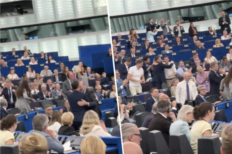 Bilder zeigen, wie EU-Abgeordnete der konservativen und rechten Fraktionen von ihren Plätzen aufstehen und laut jubeln und sich umarmen