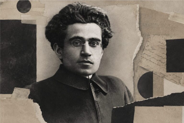 Zwsichen stylish aussehenden Papierschnipseln schaut einen der italienische Marxist Antonio Gramsci an