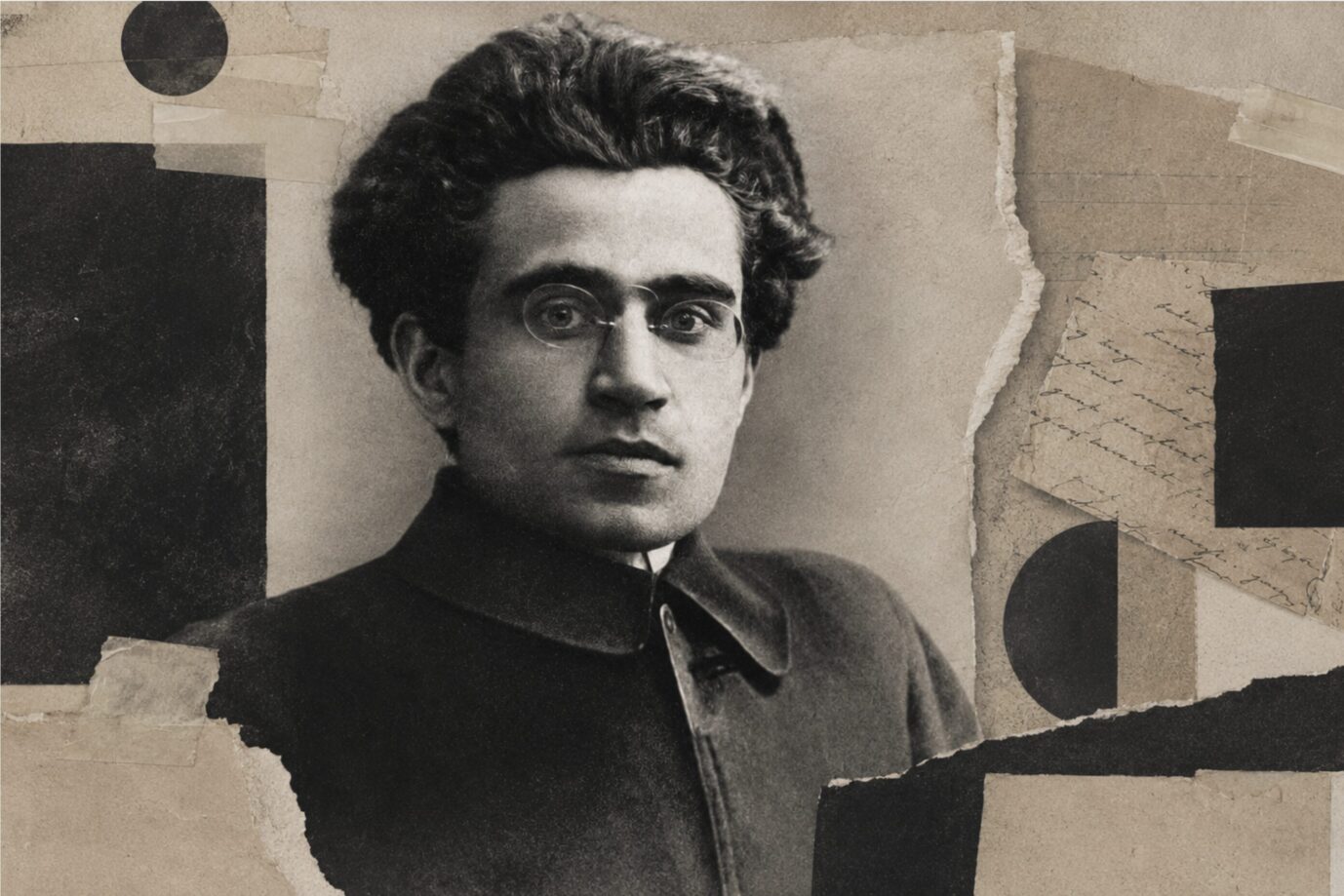 Zwsichen stylish aussehenden Papierschnipseln schaut einen der italienische Marxist Antonio Gramsci an
