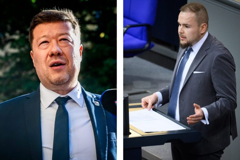 Der Präsident des tschechischen Abgeordnetenhauses, Tomio Okamura (l.), und AfD-Bundestagsabgeordneter Torben Braga: Okamura unterstellte den Unterstützern des Sudetentags Provokation. Fotos: picture alliance / CTK | Vit Simanek (l.) /// picture alliance/dpa | Bernd von Jutrczenka. Torben Braga (AfD) spricht während der Aktuellen Stunde in der 61. Plenarsitzung der 21. Legislaturperiode im Deutschen Bundestag. Die Hauptthemen der heutigen Sitzung sind, nach einer Regierungsbefragung des Bundesumweltministers und der Bundesfamilienministerin, eine Aktuelle Stunde zur Lage im Iran und in der Region, sowie ein Gesetzentwurf zur Modernisierung des Produkthaftungsrechts.