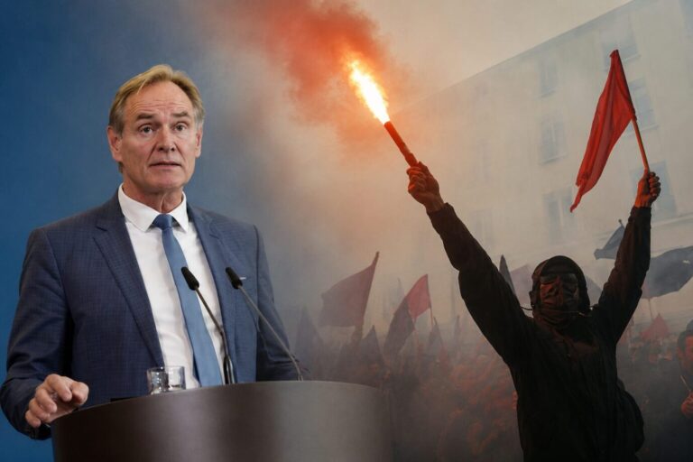 Oberbürgermeister Burkhard Jung, daneben ein Linksextremist