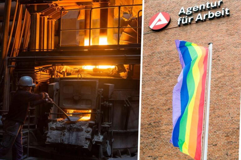 Ein Stahlarbeiter (l.) im sächsischen Pirna und die Bundesagentur für Arbeit mit Regenbogenflagge: Der Verteilungskampf ist in vollem Gange. Fotos: IMAGO / Sylvio Dittrich /// IMAGO / teamwork
