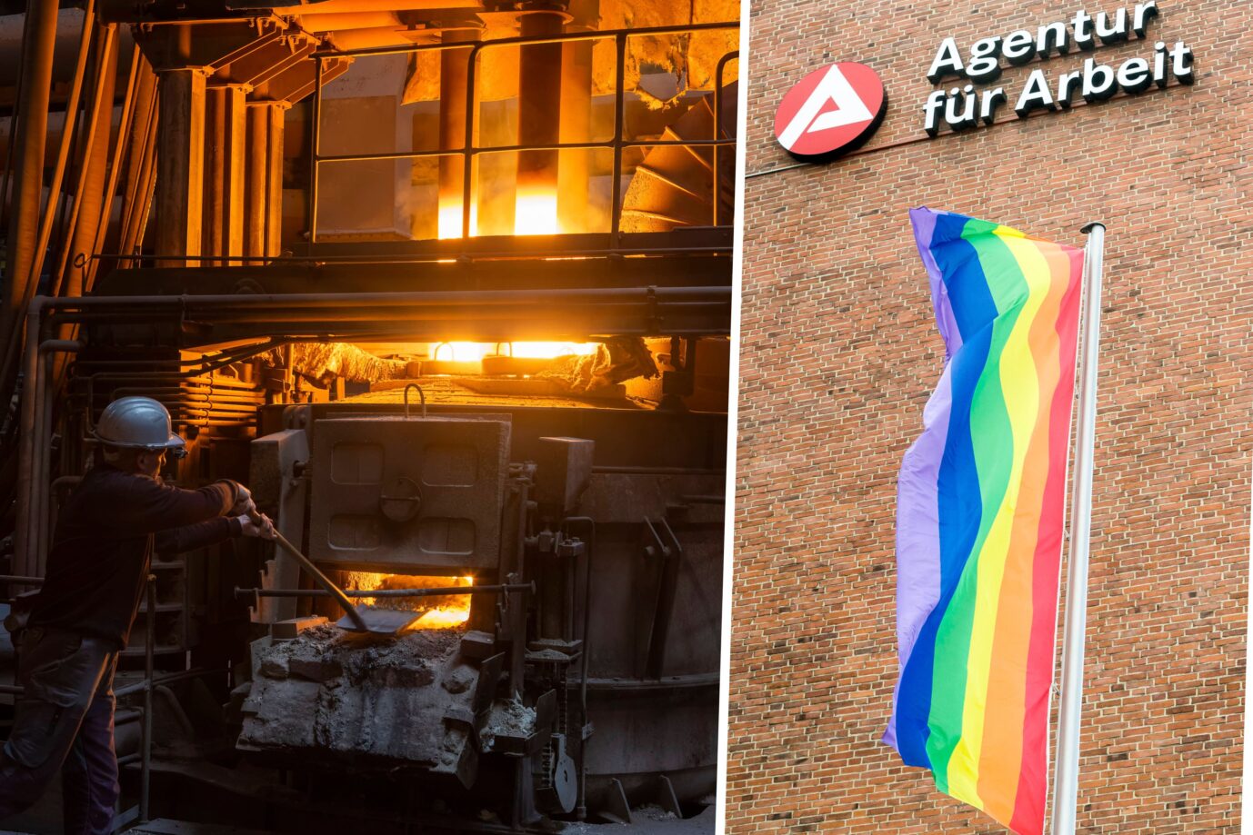 Ein Stahlarbeiter (l.) im sächsischen Pirna und die Bundesagentur für Arbeit mit Regenbogenflagge: Der Verteilungskampf ist in vollem Gange. Fotos: IMAGO / Sylvio Dittrich /// IMAGO / teamwork