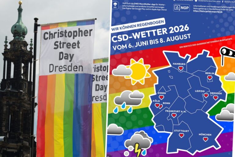 Deutscher Wetterdienst-Kachel und CSD-Banner in Dresden: gesonderte Vorhersagen für „Queere“.