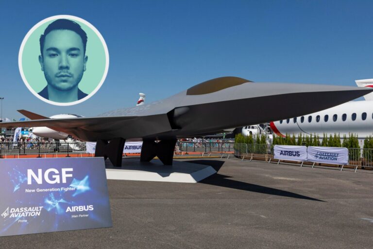 Modellausstellung auf der Paris Air Show des FCAS-Flugzeugs, des Future Combat Air System, eines Waffensystems der nächsten Generation (NGWS) und eines Kampfflugzeugs der neuen Generation (NGF), das als Kampfflugzeug der sechsten Generation konzipiert ist und derzeit von Dassault Aviation, Airbus und Indra Sistemas in Zusammenarbeit und mit Unterstützung der französischen, deutschen und spanischen Luftwaffe entwickelt wird. Flughafen Le Bourget, Paris, Frankreich, im Juni 2023 (Foto: Nicolas Economou/NurPhoto)