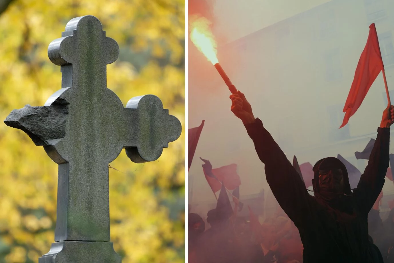 Das Foto zeigt ein abgebrochenes christliches Kreuz und einen Vertreter der linksextremen Szene.