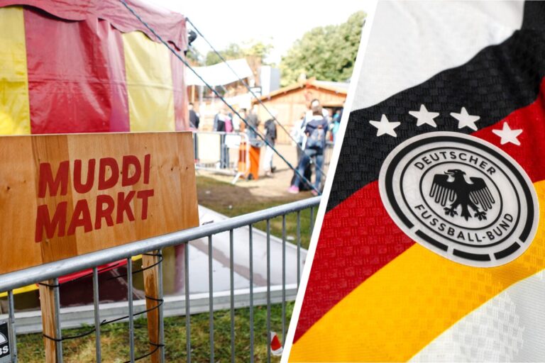 21.06.2018, Kiel, Schleswig-Holstein: Der Muddi-Markt auf der Kieler Woche gilt als gutes Beispiel beim Thema Müllbekämpfung. Die Veranstalter setzen auf Mehrweggeschirr und wollen mit Aktionen und Vorträgen zu einer nachhaltigeren Lebensweise anregen. Trotz des generellen Müllaufkommens fallen bei der Kieler Woche von Jahr zu Jahr weniger Abfälle an. Foto: Frank Molter/dpa. 28.05.2026, Fussball DFB-Nationalmannschaft Deutschland, Trainingslager vor der WM in Herzogenaurach, im Homeground bei ADIDAS. Media-Day im Pressezentrum, die Spieler reden mit den Journalisten. Am Rand steht eine Kleiderpuppe mit dem Heim-Trikot der Deutschen Nationalmannschaft von Adidas. Detail Bundesadler DFB-Logo, 4 Sterne. Der „Muddi Markt“ und ein Deutschlandtrikot: Auch über das Kieler-Woche-Büro seien Beschwerden eingegangen. Fotos: picture alliance/dpa | Frank Molter (l.) /// picture alliance / M.i.S. | Bernd Feil