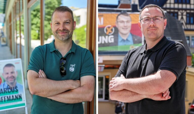 Knappes Rennen um den Oberbürgermeister-Sessel: Marcus Hoffmann (CDU, links) setzt sich in Aue-Bad Schlema gegen Stefan Hartung (Freie Sachsen) durch.