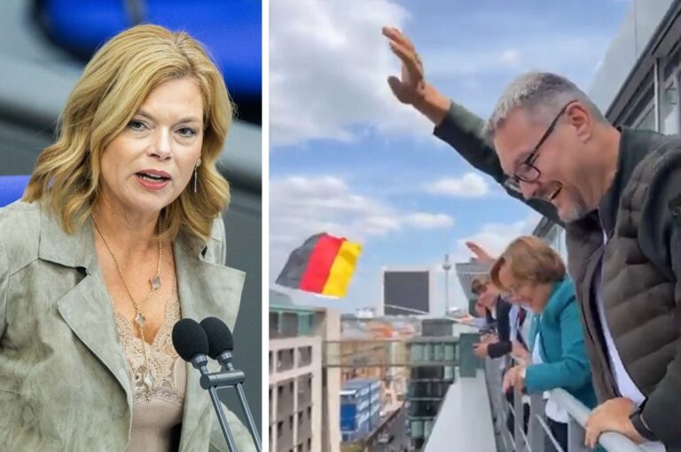 Bundestagspräsidentin Julia Klöckner (CDU, links) verbietet nach sichtbare Deutschlandfahnen, wie sie die AfD-Abgeordneten Stefan Keuter und Beatrix von Storch zeigten.