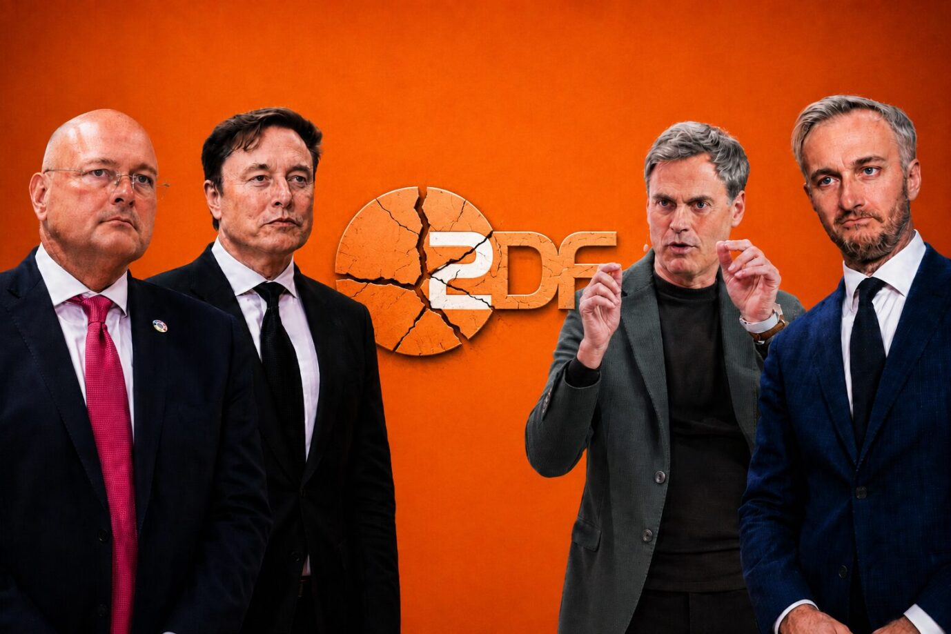 Schönbohm, Musk, Himmler, Böhmermann (v.l.n.r.) vor einem ZDF-Logo