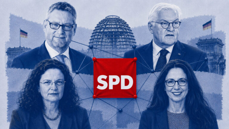 Ein riesiges Netzwerk: Thorsten Schäfer-Gümbel, Frank-Walter Steinmeier, Yasmin Fahimi und Andrea Nahles (von oben links im Uhrzeigersinn) sind nur vier von zahlreichen SPD-Politikern, die Schlüsselpositionen in Deutschland besetzen.