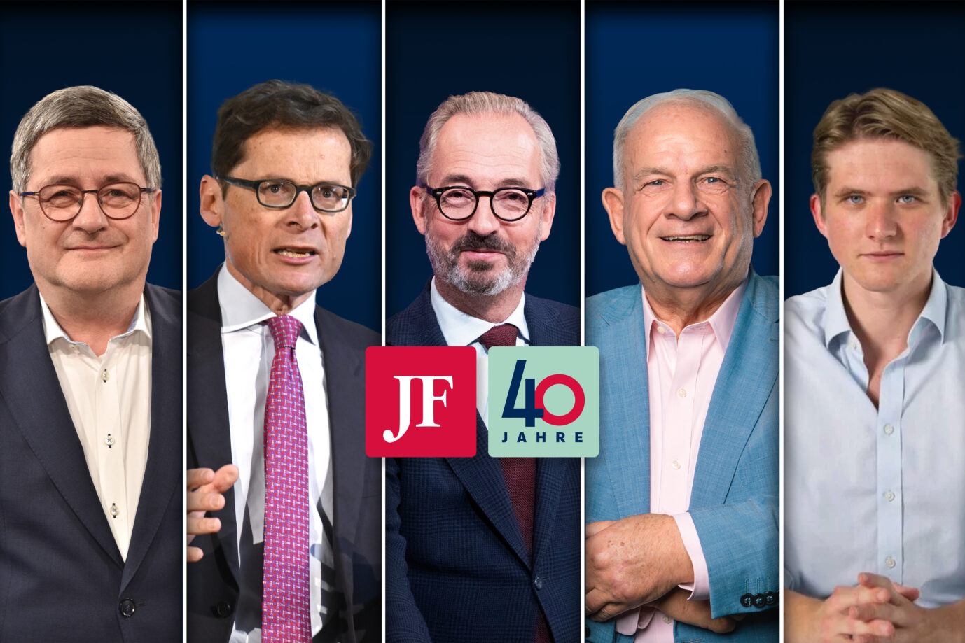 Roland Tichy, Roger Köppel, Jan Fleischhauer, Peter Hahne und Max Mannhart (v.l.n.r). Fotos: Picture Alliance/ZVG/// Collage: JF.