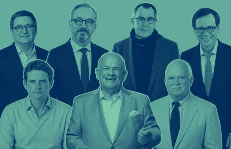 Roland Tichy, Jan Fleischhauer, Burkhard Müller-Ulrich, Roger Köppel, Max Mannhart, Peter Hahne und Peter Gauweiler. Fotos: Picture Alliance/ZVG/// Collage: JF.