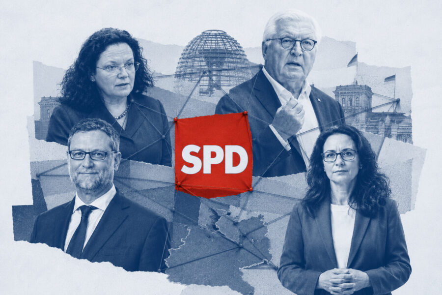 Andrea Nahles, Frank-Walter Steinmeier, Yasmin Fahimi und Thorsten Schäfer Gümbel (von oben links im Uhrzeigersinn) sind vier von zahlreichen SPD-Politikern, die Schlüsselpositionen in Deutschland besetzen.