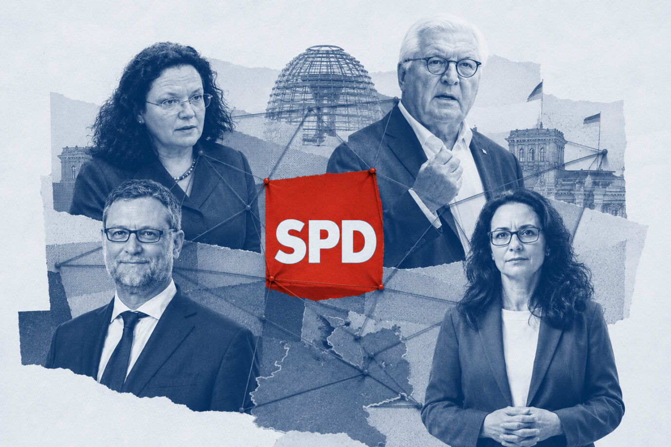 Andrea Nahles, Frank-Walter Steinmeier, Yasmin Fahimi und Thorsten Schäfer Gümbel (von oben links im Uhrzeigersinn) sind vier von zahlreichen SPD-Politikern, die Schlüsselpositionen in Deutschland besetzen.