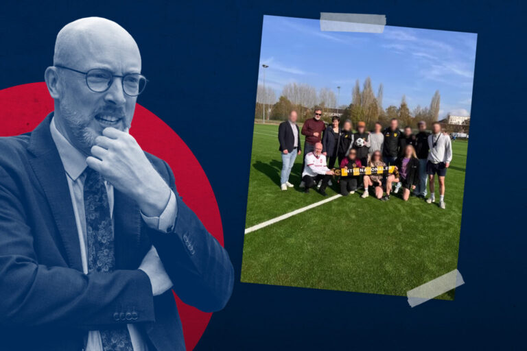 Das Bild zeigt den Innenminister von Mecklenburg-Vorpommern, Christian Pegel von der SPD und einen Screenshot des Instagram-Kontos des Fußballvereins Internationaler FC Rostock. Dieser Verein sympathisiert mit der Hammerbande und erhält Preise aus öffentlicher Hand.
