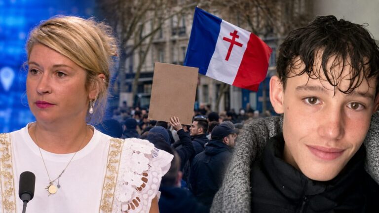 Links sieht man Louis Mutter, in der Mitte eine Demonstration nach der Tötung von Thomas R. in Crepol und rechts den getöteten Louis
