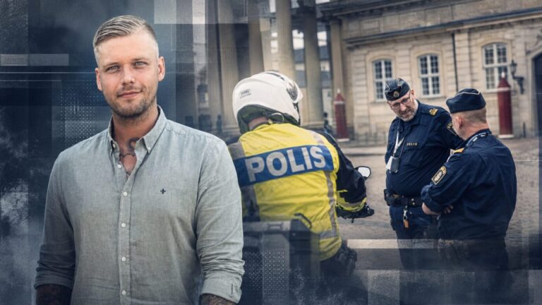 Links sieht man den von afrikanischen Fußballfans ins Koma geprügelten Familienvater Christian Zedig, daneben dänische Polizisten in Kopenhagen
