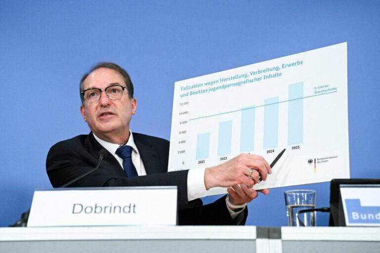 German Interior Minister Alexander Dobrindt presents a chart showing case numbers concerning the production, distribution, acquisition, and possession of child sexual abuse materials, during a press conference to present the 2025 report on sexual offences against children and adolescents in Berlin, Germany, July 21, 2026. REUTERS/Annegret Hilse. Bundesinnenminister Alexander Dobrindt (CSU) stellt die Statistik vor: Er fordert im Kampf gegen Kindesmissbrauch eine IP-Adressenspeicherung. Foto: picture alliance / REUTERS | Annegret Hilse