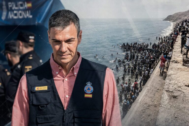 Der spanische Ministerpräsident Pedro Sánchez schaut verschlagen, daneben stürmen Migranten den Strand von Ceuta