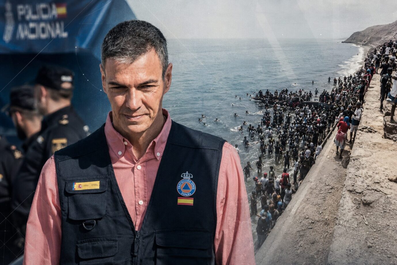 Der spanische Ministerpräsident Pedro Sánchez schaut verschlagen, daneben stürmen Migranten den Strand von Ceuta