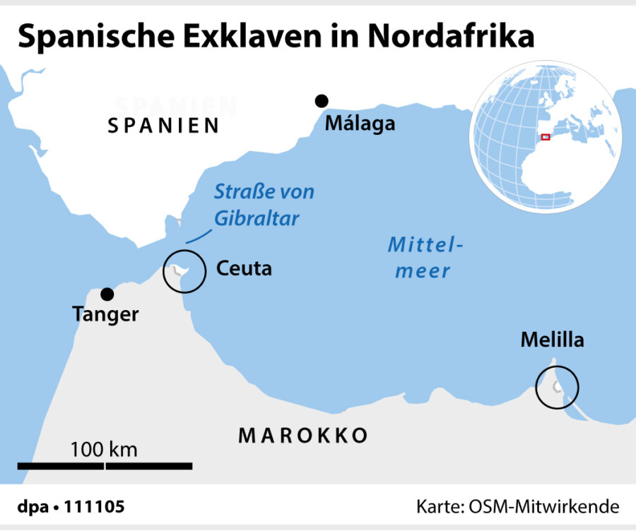 Grafik-Karte Nr. 111105, Querformat 90 x 75 mm, "Verortung der spanischen Exklaven Ceuta und Melilla" [Help me]; Redaktion: B. Schaller; Grafik: F. BökelmannHinweis: Diese Grafik finden sie als Webgrafik auch im dpa-shop: https://dpaq.de/TeI3K8Y
