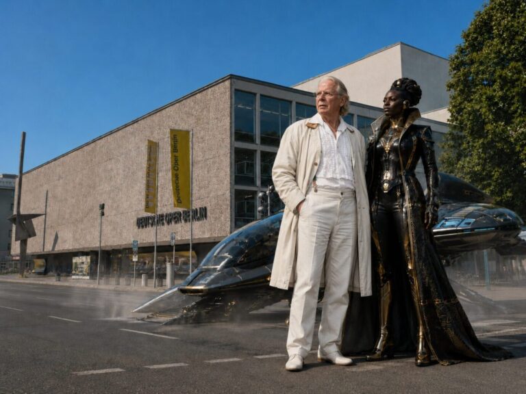 Man sieht die Deutsche Oper in Berlin darliegen – davor wird es afrofuturistisch: Der Komponist Karlheinz Stockhausen steht mit einer schwarzen Frau vor einem Raumschiff