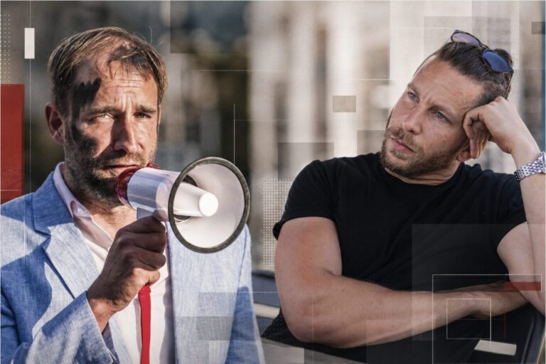 Links sieht man mit einem Megaphone den Leiter des „Zentrums für politische Schönheit“. Phillip Ruch, daneben den Podcaster Ben Berndt. Beide verklagen sich jetzt gegenseitig