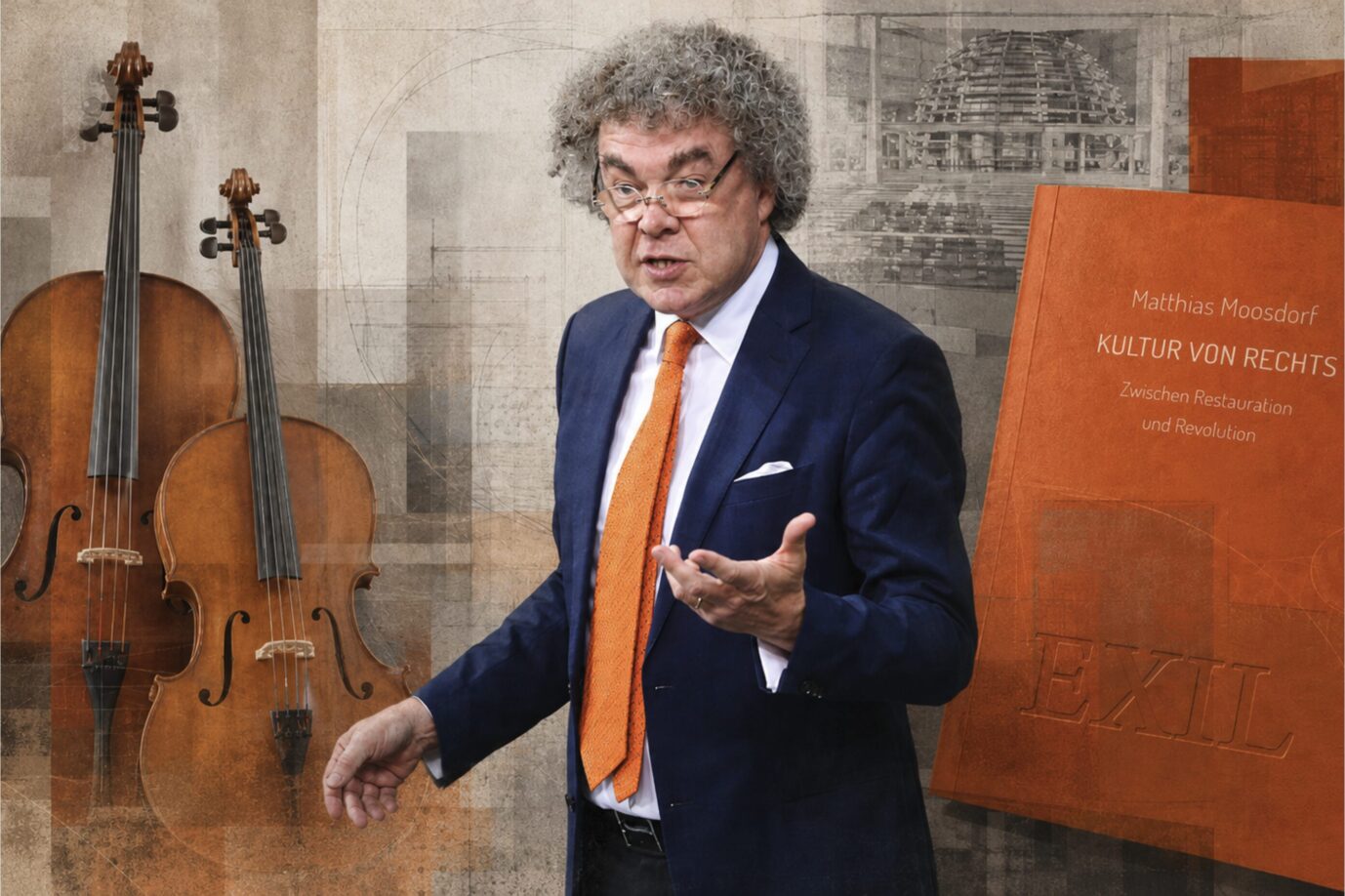Cellist und AfD-Politiker Matthias Moosdorf steht da im Anzug, neben ihm Celli und sein Buch