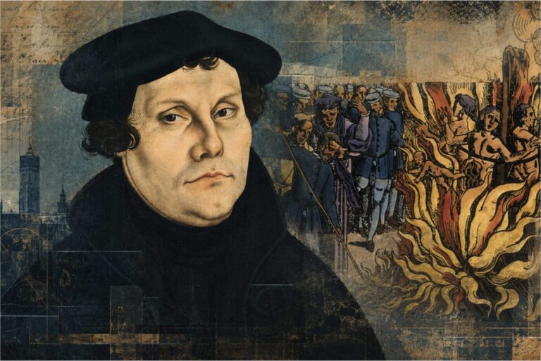 Der Reformator Martin Luther steht neben einem Holzschnitt, der eine Hexenverbrennung zeigt