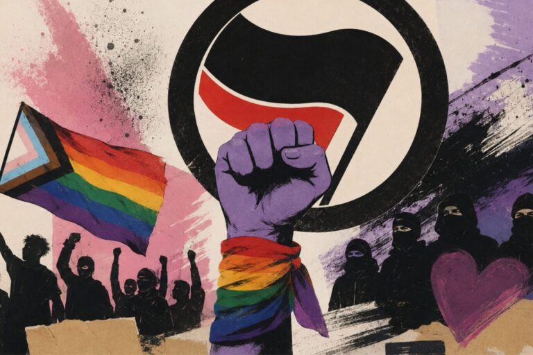 Das Bild ist KI-generiert und zeigt linksradikale und queere Symbole.