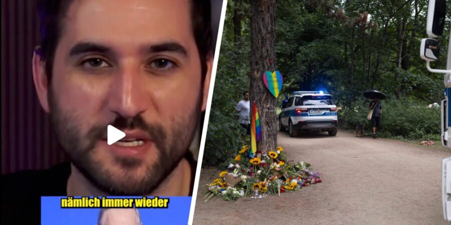 Links sieht man das Gesicht des Verschwörungstheoretikers und Linken-Beraters Dara Marc Sasmaz, daneben liegen Blumen am CSD-Tatort in Berlin