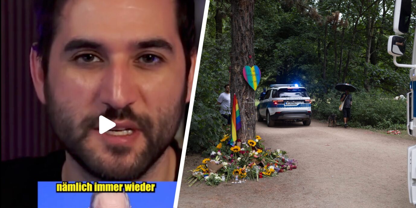 Links sieht man das Gesicht des Verschwörungstheoretikers und Linken-Beraters Dara Marc Sasmaz, daneben liegen Blumen am CSD-Tatort in Berlin