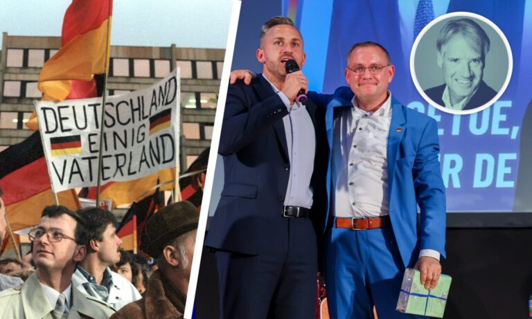 Demonstranten für die Wiedervereinigung 1990: Sachsen-Anhalts AfD-Spitzenkandidat Ulrich Siegmund mit Parteichef Tino Chrupalla in Dessau-Rosslau.