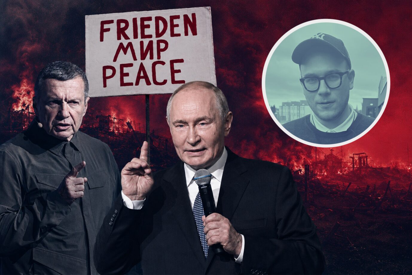 Russlands Präsident Wladimir Putin (m.) neben dem Propagandisten Wladimir Solowjow: Von wegen friedlich. Russlandromantik von rechts ist falsch, erklärt unser Autor Jan Karon. (Themenbild/Collage)