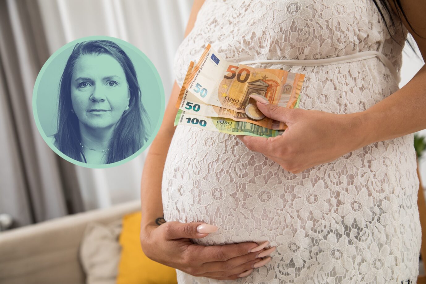 Eine schwangere Mutter hält mehrere Geldscheine in der Hand (Symbolbild): Bei der Leihmutterschaft werden Kinder zur Ware. (Themenbild/collage)