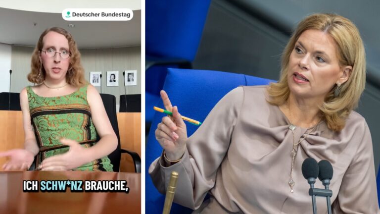 Trans-Influencer Avelo (l.) und Bundestagspräsidentin Julia Klöckner (CDU): Das Einhalten der Würde des Hauses war Aufgabe der Grünen-Fraktion. Fotos: Screenshot /// picture alliance/dpa | Michael Kappeler
