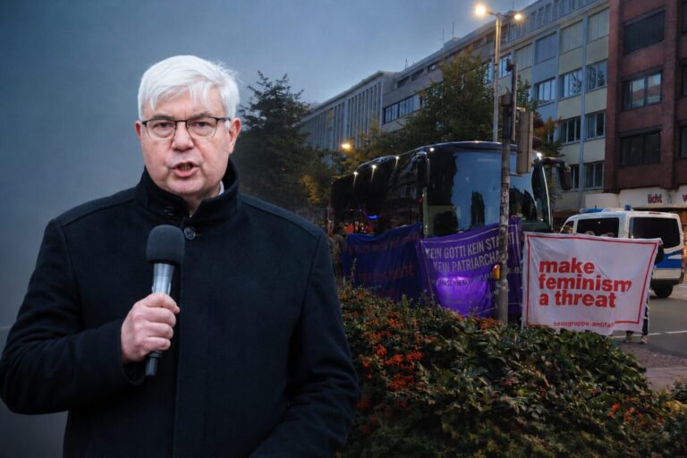 Bremer Kirchenpräsident Kuschnerus, daneben die Bus-Blockade durch Linksextremisten