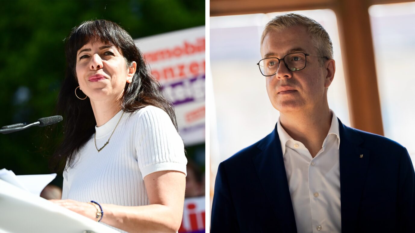 Elif Eralp, Spitzenkandidatin Die Linke Berlin, spricht während des Wahlkampfauftaktes der Berliner Linken für die Wahl des Abgeordnetenhauses am 20. September auf dem Anton-Saefkow-Platz. Stefan Evers, Spitzenkandidat der Berliner CDU für die Wahl zum Berliner Abgeordnetenhaus 2026 sowie Berliner Finanzsenator und Berliner Kultursenator, kommt zu einem Pressetermin zu den Modernisierungsplänen der Berliner S-Bahn nach der finalen Vergabeentscheidung für das Konsortium aus S-Bahn Berlin, Stadler und Siemens. Die Spitzenkandidaten für die Abgeordnetenhauswahl in Berlin Elif Eralp (Linkspartei) und Stefan Evers (CDU): Eine deutliche Mehrheit befürwortet, dass der derzeitige Berliner Bürgermeister, Kai Wegner (CDU), von seiner Kandidatur als Spitzenkandidat zurückgetreten ist. Fotos: picture alliance/dpa | Sebastian Gollnow /// picture alliance/dpa | Christoph Soeder